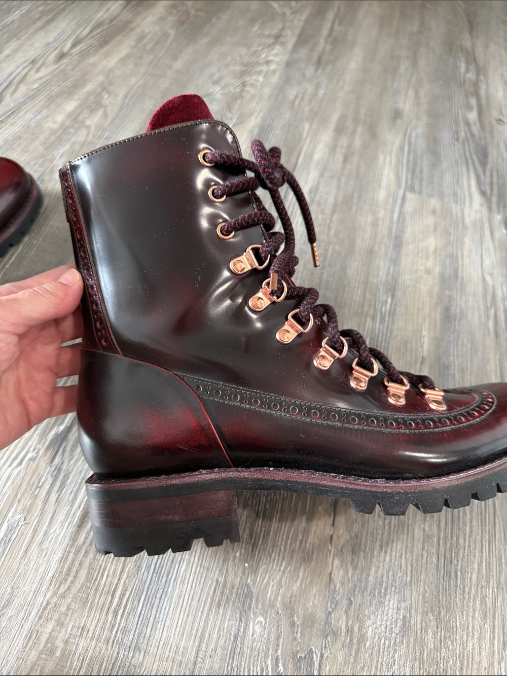 Women's Burgundy Lace-Up Wingtip Boots with Contrast Suede Tongue - Picture 8 of 8